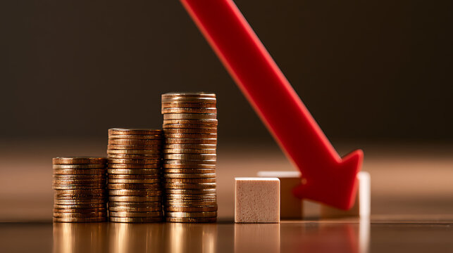 Financial Decline Concept: Stacked Coins and Red Arrow Pointing Downward, Showing Economic Loss, Market Crash, or Business Failure