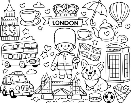 united kingdom UK landmarks cartoon outline hand drawn Line Art illustration doodle art coloring page for kids