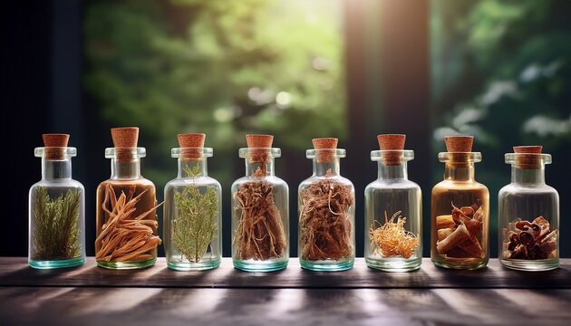 herbal roots in bottles natural remedies and botanical extracts display