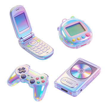 3D Retro Y2K Gadgets and Holographic Electronics Icon Set