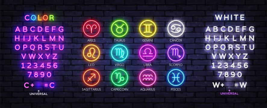 Colorful zodiac neon icons in circle frames with editable typography set. Bright astrology pack for horoscope template, celestial artwork and spiritual banner.