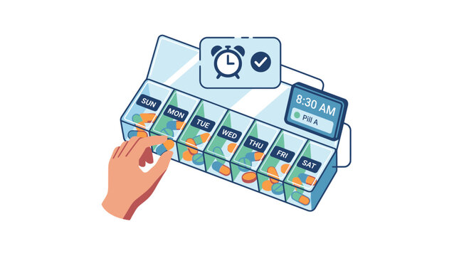 Pill organizer with digital reminder, hand taking medication, health care concept