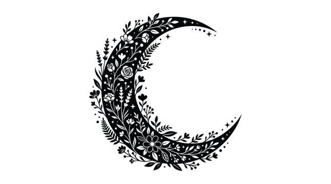Crescent moon with floral ornament and stars black silhouette on white