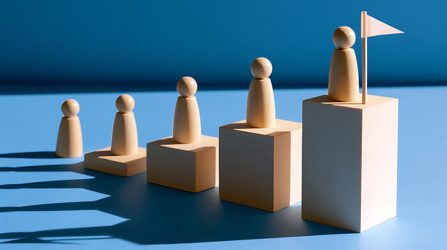 Wooden figures on ascending blocks with a flag, symbolizing growth, leadership, and successful attainment of goals against a blue backdrop