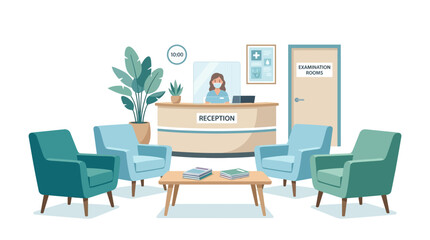 Fototapeta premium Doctor's office reception waiting area with masked receptionist and chairs