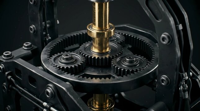 Close up of a complex rotary gear mechanism with dark titanium cogs and a brass shaft