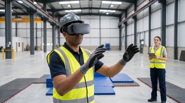 Male warehouse worker wearing a virtual reality headset for safety training while a trainer watches