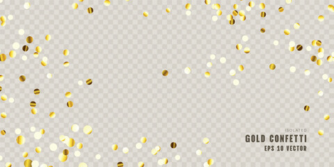 Fototapeta premium Sparkling gold confetti, scattered glittering golden sparkles, isolated on a transparent background. Perfect for holiday designs and cards. Vector illustration.