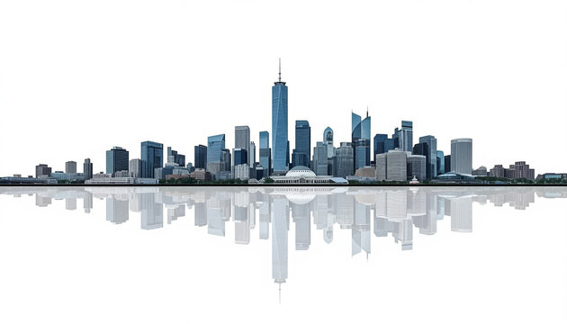 City skyline reflected in calm water at dawn