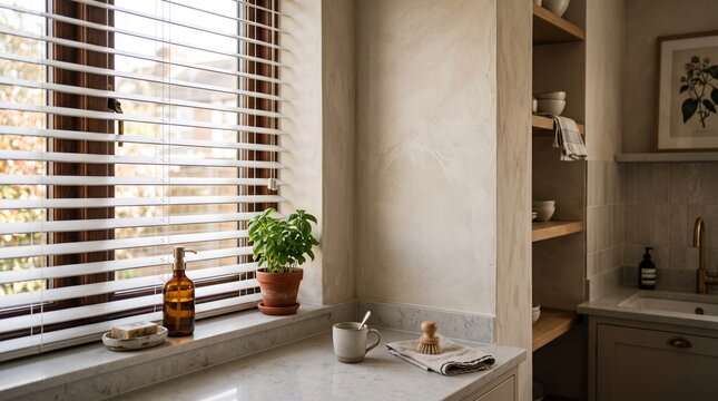 modern interior corner window blinds kitchen bathroom design mockup
