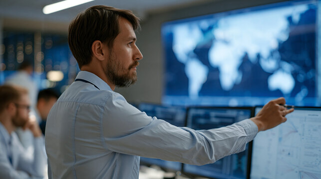 Network operations engineer traces fiber routing diagrams across a massive global connectivity map projected on control room wall, team members annotating satellite relay node