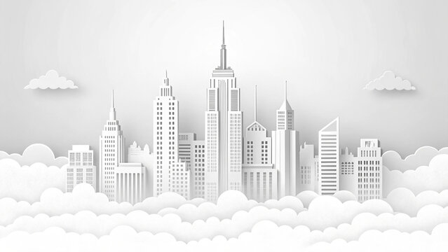City skyline floats above clouds, urban landscape in grayscale