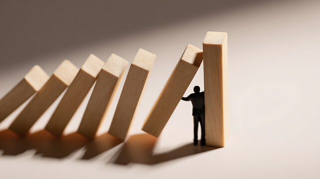 Tiny Figure Stops Domino Effect, Prevent Collapse of Wooden Blocks, Representing Crisis Management, Problem Solving, and Strategic Intervention