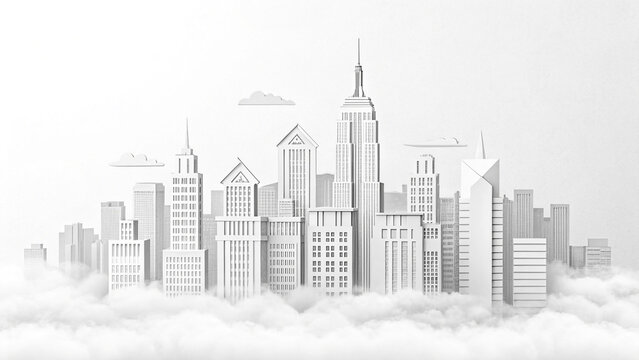 City skyline rising above clouds, urban landscape in grayscale