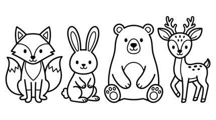 Fototapeta premium Cute Forest Woodland Animals Coloring Page Outline Illustration with Fox Rabbit Bear and Deer for Kids