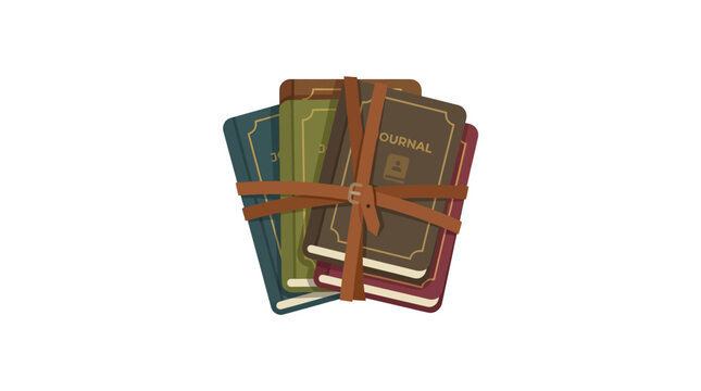 Stack of vintage journals tied with leather strap, isolated on white background