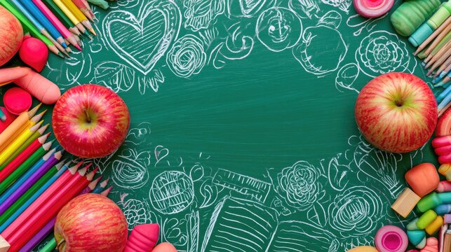 Green school chalkboard frame with apples colored pencils chalk drawings and copy space
