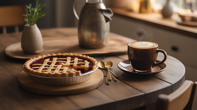 A warm and cozy kitchen table with a pie and a cup of coffee on it transparent background