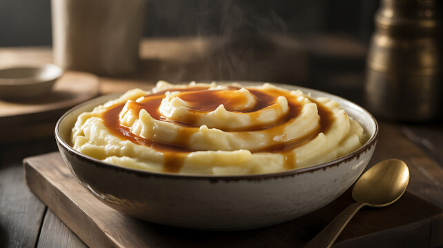 A bowl of mashed potatoes with brown gravy on a wooden tray and table transparent background