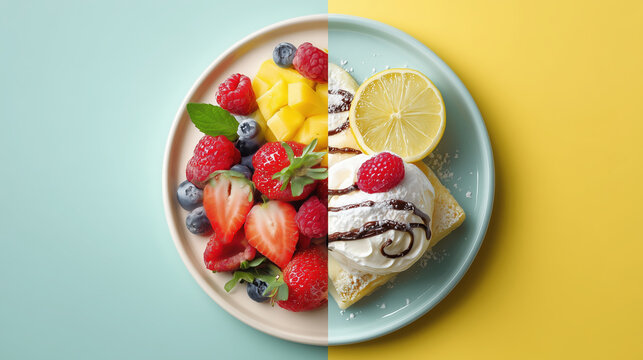 Colorful plate divided with fresh fruits like strawberries, blueberries, mango, and raspberries on one side, and a dessert topped with whipped cream and lemon on the other side, showcasing vibrant cul