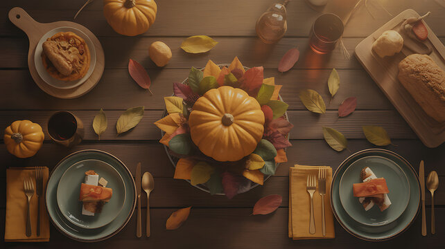 Autumnal Thanksgiving table setting with pumpkins and leaves on a wooden table indoors transparent background