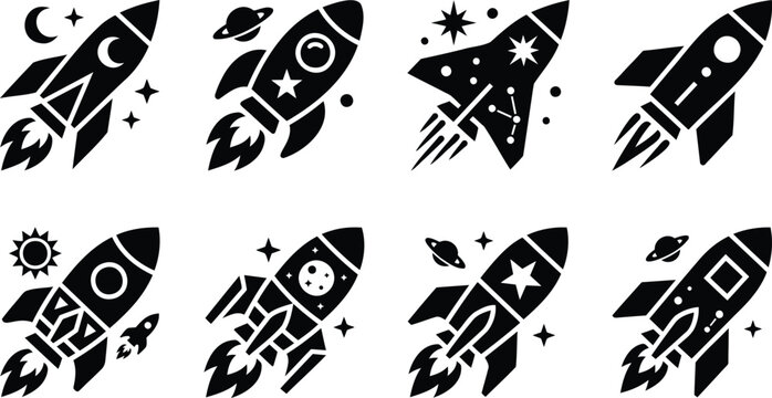 Set of black space rocket icons flying in the galaxy
