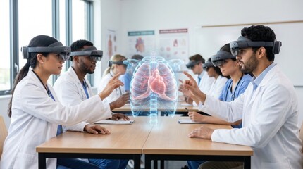 Fototapeta premium Medical students wearing augmented reality headsets studying a 3D hologram of human lungs and heart