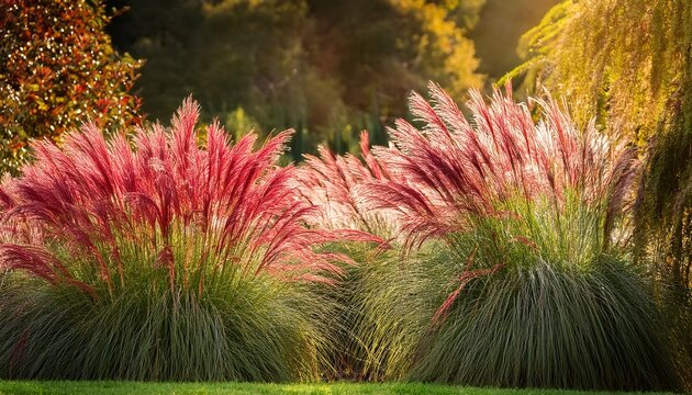 decorative miscanthus sinensis flamingo grass showcasing colorful summer growth in lush landscape