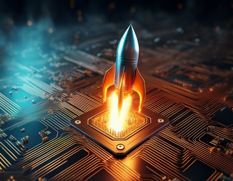fiery rocket with glowing flames ascends from microchip on electronic circuit board symbolizing technological breakthrough and digital innovation in business technology 3d rendered abstract concept