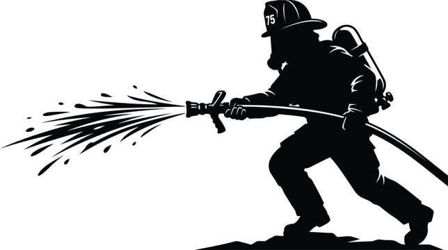 Firefighter silhouette holding a water hose to extinguish fire