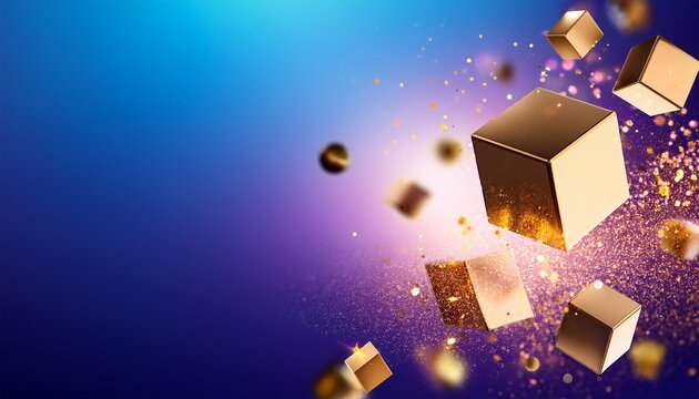 floating 3d gold geometries and glowing particles over a blue violet gradient cinematic volumetric lighting and clean copy space ideal for e commerce banners and digital ad campaigns