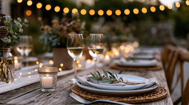 Candlelit atmosphere of September harvest dinner at rustic farm table, diverse gathering of neighbors celebrating end of summer outdoor nature setting, wide establishing shot of