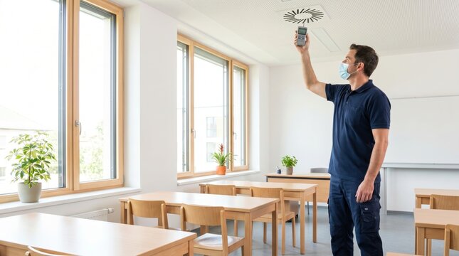 Technician wearing a face mask using a handheld meter to test air quality near a ceiling vent