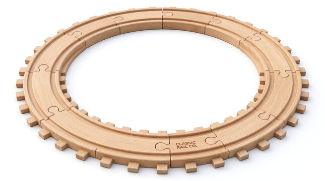 Close-up of a wooden circular train track model on white background