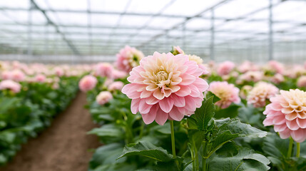 Vibrant pink dahlia flowers bloom in a controlled greenhouse environment, showcasing delicate petals and lush green foliage under artificial light © twc