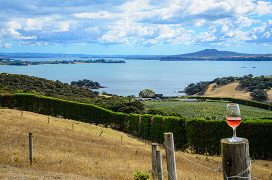 A view towards Auckland New Zealand and Rangitoto volcano from Waiheke Island, New Zealand. A glass of wine from a local winery rests on a fence pole, completing the view