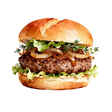 Watercolor Illustration of Rustic Artisan Beef Burger with Caramelized Onion Lettuce Rosemary and Brioche Bun Isolated on Transparent White Background