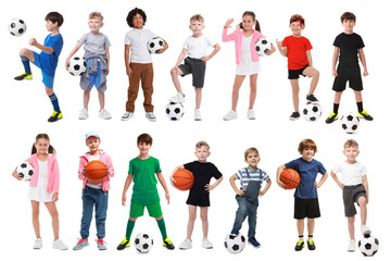 Obraz premium Children with soccer balls, sports class for kids. Collection of portraits on white background