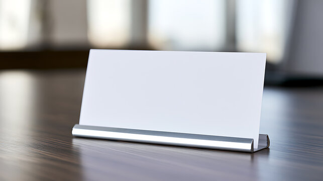 Blank white table tent or name card stand with a metallic base on a dark wooden surface, ready for custom text or logo placement