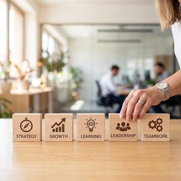 Hand placing wooden blocks with business strategy and leadership icons