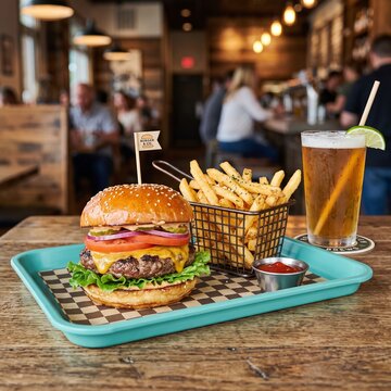 Delicious cheeseburger with french fries and beer on a restaurant tray