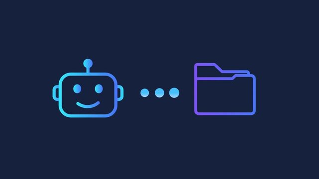 Animated motion graphics showing a smiling robot head icon connecting to a digital folder file icon via three loading dots. Concept of AI data organization, file processing, and automated archiving