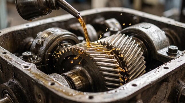 Fresh oil pouring onto metal gears inside a car transmission system