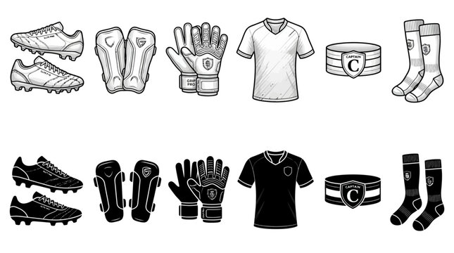 Soccer equipment icon set including cleats shin guards gloves jersey armband and socks
