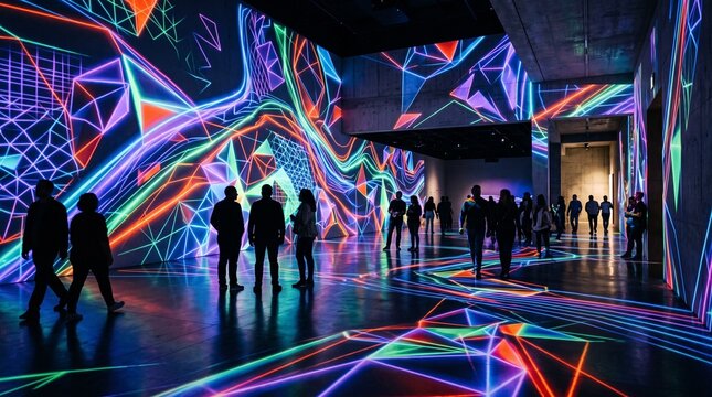People walking through a colorful digital light art exhibition hall