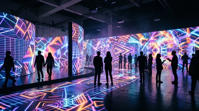 People walking in a colorful digital art exhibition gallery room