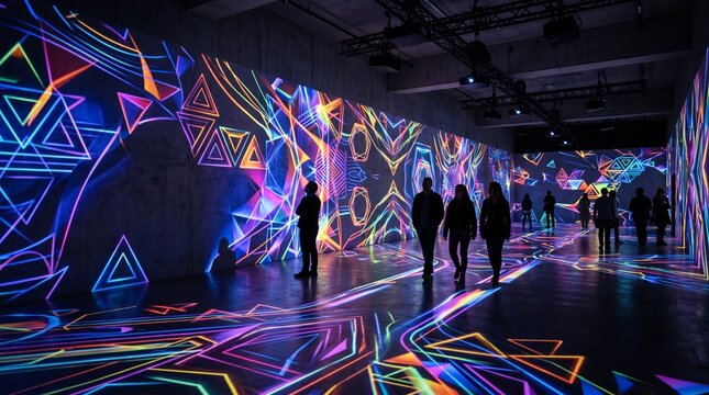People walking through an immersive digital light art exhibition