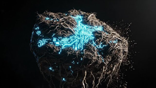 Futuristic digital brain concept with glowing circuit lines and roots on dark background