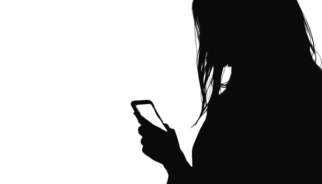 Woman silhouette holds a modern smartphone while standing against a bright white background, providing a clear visual representation of mobile technology usage and digital connectivity in everyday.