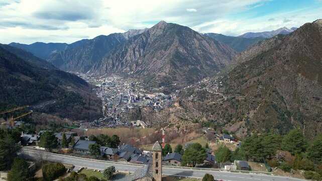 Aerial images of Andorra la Vella with the mountains in the background, 4k 30fps 1 inch sensor, drone images